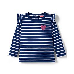 Babyhug Knit Full Sleeves Striped T-Shirt with Heart Glitter Print - Navy Blue