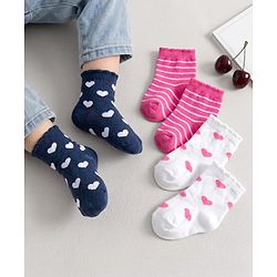 Cute Walk by Babyhug Ankle Length Antibacterial Socks With Stripes & Heart Design Pack Of 3 - Pink & White