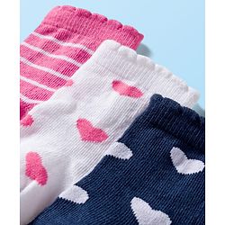 Cute Walk by Babyhug Ankle Length Antibacterial Socks With Stripes & Heart Design Pack Of 3 - Pink & White