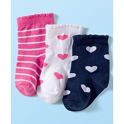 Cute Walk by Babyhug Ankle Length Antibacterial Socks With Stripes & Heart Design Pack Of 3 - Pink & White