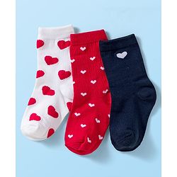 Cute Walk by Babyhug Knit Ankle Length Anti Bacterial Socks with Heart Design Pack of 3 - Red White & Navy Blue