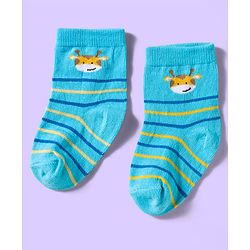 Cute Walk by Babyhug Ankle Length Antibacterial Socks With Stripes & Cat Print Pack Of 3 - Light Blue & White