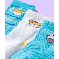 Cute Walk by Babyhug Ankle Length Antibacterial Socks With Stripes & Cat Print Pack Of 3 - Light Blue & White