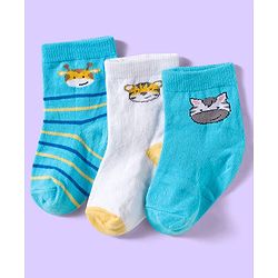 Cute Walk by Babyhug Ankle Length Antibacterial Socks With Stripes & Cat Print Pack Of 3 - Light Blue & White
