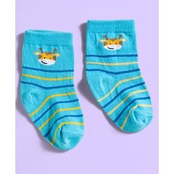 Cute Walk by Babyhug Ankle Length Antibacterial Socks With Stripes & Cat Print Pack Of 3 - Light Blue & White