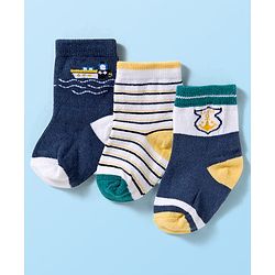 Cute Walk by Babyhug Ankle Length Antibacterial Socks With Stripes Pack Of 3 - Navy Blue & White