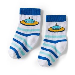 Cute Walk by Babyhug Knit Ankle Length Antibacterial Socks With Stripes & Space Print Pack Of 3 - Blue & Yellow