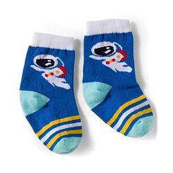 Cute Walk by Babyhug Knit Ankle Length Antibacterial Socks With Stripes & Space Print Pack Of 3 - Blue & Yellow