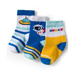 Cute Walk by Babyhug Knit Ankle Length Antibacterial Socks With Stripes & Space Print Pack Of 3 - Blue & Yellow