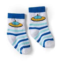 Cute Walk by Babyhug Knit Ankle Length Antibacterial Socks With Stripes & Space Print Pack Of 3 - Blue & Yellow