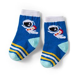 Cute Walk by Babyhug Knit Ankle Length Antibacterial Socks With Stripes & Space Print Pack Of 3 - Blue & Yellow