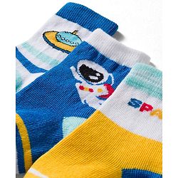 Cute Walk by Babyhug Knit Ankle Length Antibacterial Socks With Stripes & Space Print Pack Of 3 - Blue & Yellow
