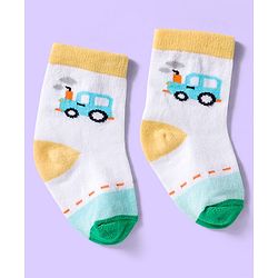 Cute Walk by Babyhug Ankle Length Antibacterial Socks With Stripes & Vehicle Print Pack Of 3 - Green & White