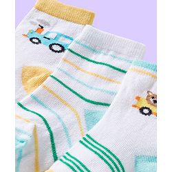Cute Walk by Babyhug Ankle Length Antibacterial Socks With Stripes & Vehicle Print Pack Of 3 - Green & White