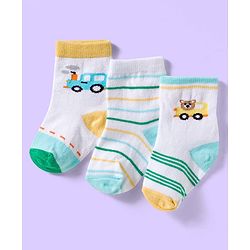 Cute Walk by Babyhug Ankle Length Antibacterial Socks With Stripes & Vehicle Print Pack Of 3 - Green & White