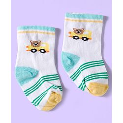Cute Walk by Babyhug Ankle Length Antibacterial Socks With Stripes & Vehicle Print Pack Of 3 - Green & White