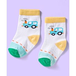 Cute Walk by Babyhug Ankle Length Antibacterial Socks With Stripes & Vehicle Print Pack Of 3 - Green & White