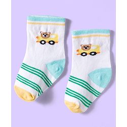 Cute Walk by Babyhug Ankle Length Antibacterial Socks With Stripes & Vehicle Print Pack Of 3 - Green & White
