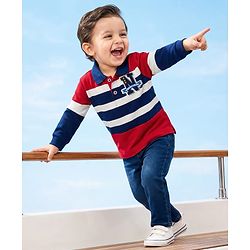 Babyhug Single Jersey Knit Striped Polo T-Shirt & Denim Jeans Set - Multicolor