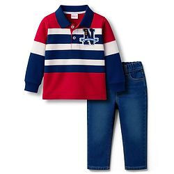 Babyhug Single Jersey Knit Striped Polo T-Shirt & Denim Jeans Set - Multicolor