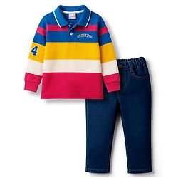 Babyhug Single Jersey Knit Striped Polo T-Shirt & Denim Jeans Set - Multicolor