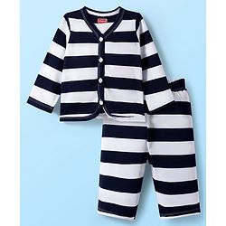 Babyhug Single Jersey Knit Full Sleeves Co-Ord Front Open T-Shirt & Joggers Set With Stripes - Black & White