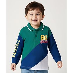 Babyhug 100% Cotton Knit Full Sleeves Cut & Sew Polo T-Shirt with Baseball Theme Print - Dark Green & Blue