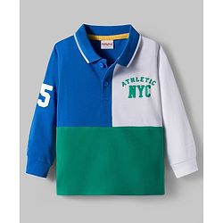 Babyhug 100% Cotton Knit Full Sleeves Cut & Sew Polo Collar T-Shirt with NYC Text Print - Blue White & Green