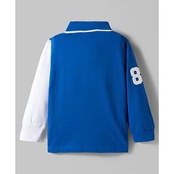 Babyhug 100% Cotton Knit Full Sleeves Cut & Sew Polo Collar T-Shirt with NYC Text Print - Blue White & Green