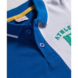 Babyhug 100% Cotton Knit Full Sleeves Cut & Sew Polo Collar T-Shirt with NYC Text Print - Blue White & Green
