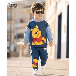 Babyhug Disney Terry Knit Full Sleeves Hooded Sweatshirt & Lounge Pant Set With Winnie The Pooh Graphics - Navy Blue