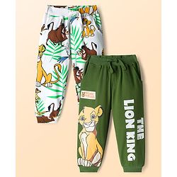 Babyhug Disney Terry Knit Track Pants with The Lion King Graphic Pack of 2 - White & Green