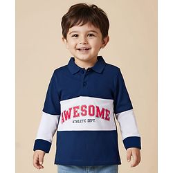 Babyhug 100% Cotton Knit Full Sleeves Cut & Sew Polo Collar T-Shirt with Awesome Text Print - Navy Blue & White