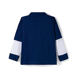 Babyhug 100% Cotton Knit Full Sleeves Cut & Sew Polo Collar T-Shirt with Awesome Text Print - Navy Blue & White