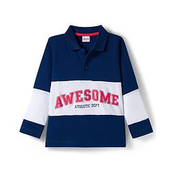 Babyhug 100% Cotton Knit Full Sleeves Cut & Sew Polo Collar T-Shirt with Awesome Text Print - Navy Blue & White