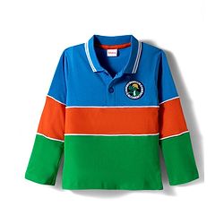 Babyhug 100% Cotton Knit Full Sleeves Cut & Sew Polo T-Shirt with Dino Badge - Green Orange & Blue