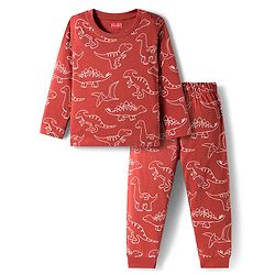 Babyhug Cotton Knit Full Sleeves Co-ords Night Suit With Dino Print - Brown