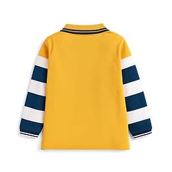 Babyhug 100% Cotton Knit Full Sleeves Polo Collar T-Shirt with Stripes & M Text Patch - Yellow & White