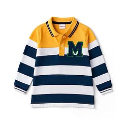 Babyhug 100% Cotton Knit Full Sleeves Polo Collar T-Shirt with Stripes & M Text Patch - Yellow & White