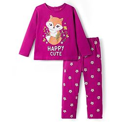 Babyhug Cotton Knit Full Sleeves Night Suit With Animal & Floral Print - Purple