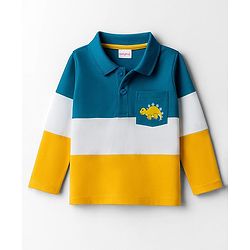 Babyhug 100% Cotton Knit Full Sleeves Color Block Polo T-Shirt with Dino Print at Pocket - Yellow Teal Blue & White