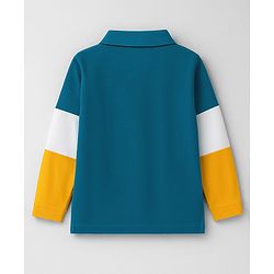 Babyhug 100% Cotton Knit Full Sleeves Color Block Polo T-Shirt with Dino Print at Pocket - Yellow Teal Blue & White