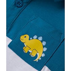 Babyhug 100% Cotton Knit Full Sleeves Color Block Polo T-Shirt with Dino Print at Pocket - Yellow Teal Blue & White