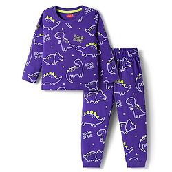 Babyhug Cotton Knit Full Sleeves Night Suit with Dino Print - Violet