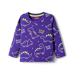 Babyhug Cotton Knit Full Sleeves Night Suit with Dino Print - Violet