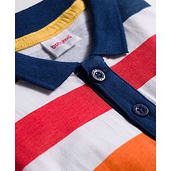 Babyhug 100% Cotton Knit Full Sleeves Polo Collar T-Shirt with Stripes - White & Multicolor