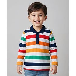 Babyhug 100% Cotton Knit Full Sleeves Polo Collar T-Shirt with Stripes - White & Multicolor