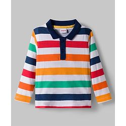 Babyhug 100% Cotton Knit Full Sleeves Polo Collar T-Shirt with Stripes - White & Multicolor