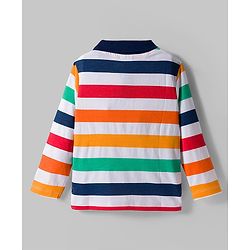Babyhug 100% Cotton Knit Full Sleeves Polo Collar T-Shirt with Stripes - White & Multicolor