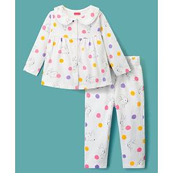 Babyhug Cotton Knit Full Sleeves Co-ords Night Suit With Animal Print - White